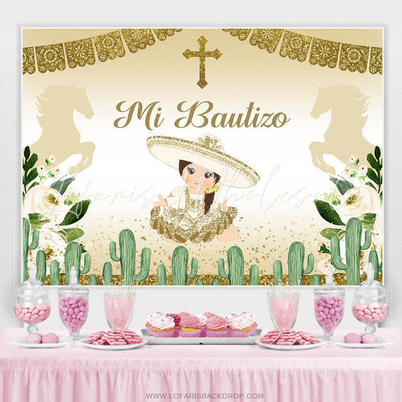 Lofaris Gold Glitter And Green Cactus Mi Bautizo Girls Backdrop