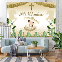 Lofaris Gold Glitter And Green Cactus Mi Bautizo Girls Backdrop