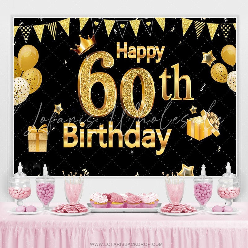 Lofaris Gold Glitter Ballons Black Happy 60th Birthday Backdrop