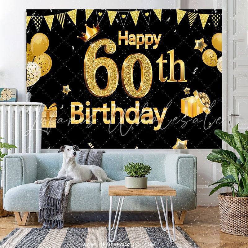 Lofaris Gold Glitter Ballons Black Happy 60th Birthday Backdrop