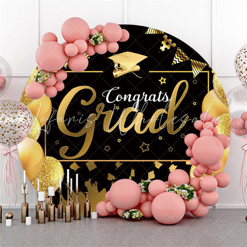Lofaris Gold Glitter Balloons Round Black Congrats Grad Backdrop