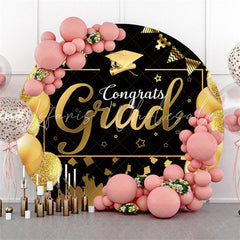 Lofaris Gold Glitter Balloons Round Black Congrats Grad Backdrop