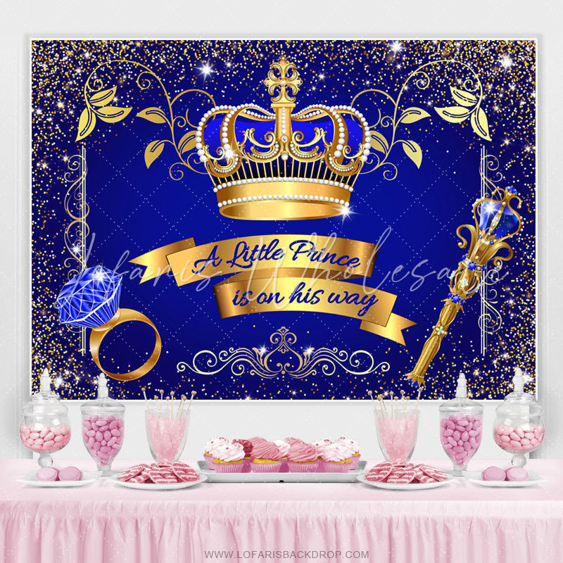 Lofaris Gold Glitter Crown Blue Little Prince Baby Shower Backdrop