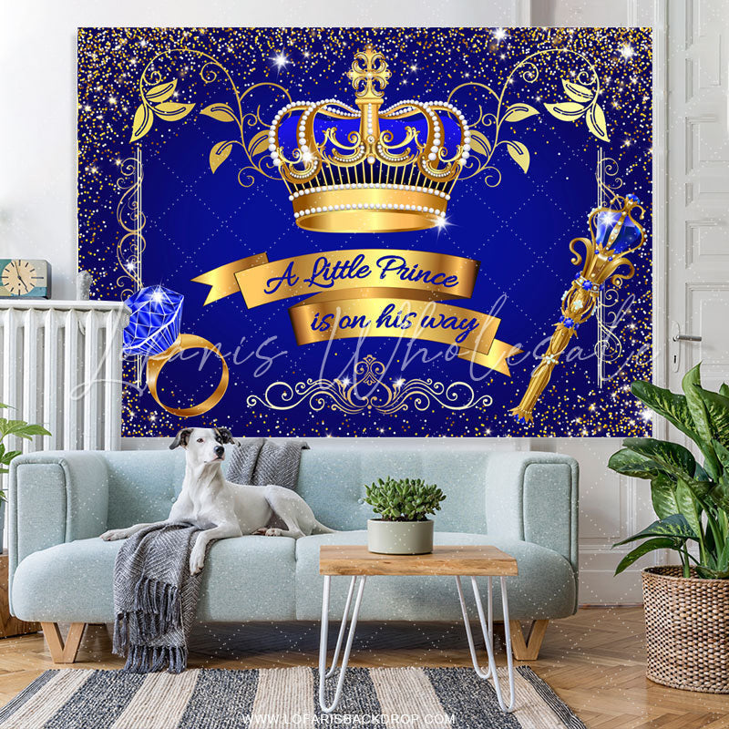 Lofaris Gold Glitter Crown Blue Little Prince Baby Shower Backdrop