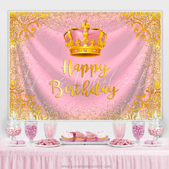 Lofaris Gold Glitter Crown Pink Happy Birthday Backdrop For Girl