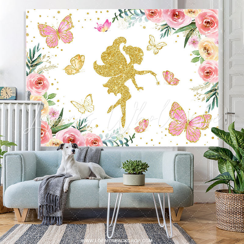 Lofaris Gold Glitter Fairy Pink Floral Birthday Party Backdrop