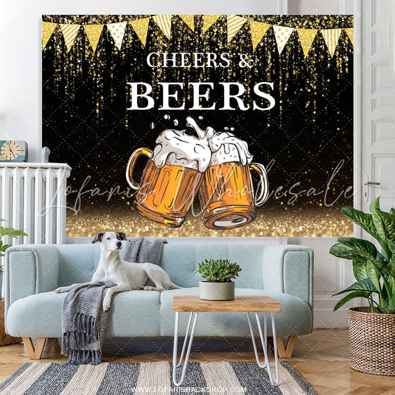 Lofaris Gold Glitter Flags Black Cheers Beers Birthday Backdrop
