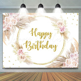 Lofaris Gold Glitter Floral Feather Happy Birthday Backdrop