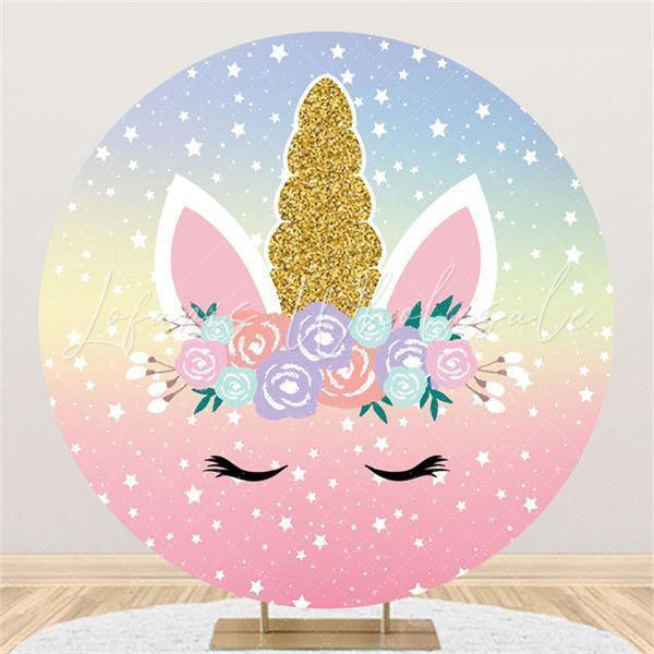 Lofaris Gold Glitter Floral Unicorn Themed Round Birthday Backdrop