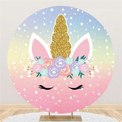 Lofaris Gold Glitter Floral Unicorn Themed Round Birthday Backdrop