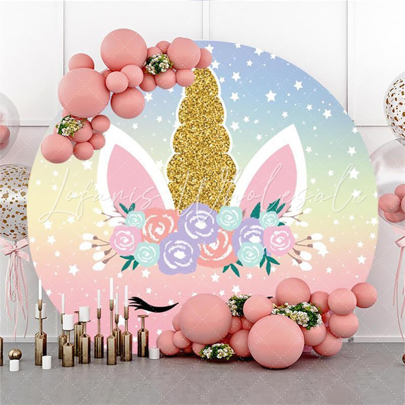 Lofaris Gold Glitter Floral Unicorn Themed Round Birthday Backdrop