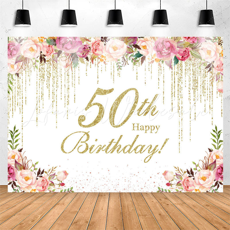 Lofaris Gold Glitter Flower 50th Birthday Backdrop For Women