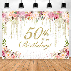 Lofaris Gold Glitter Flower 50th Birthday Backdrop For Women