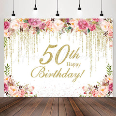 Lofaris Gold Glitter Flower 50th Birthday Backdrop For Women