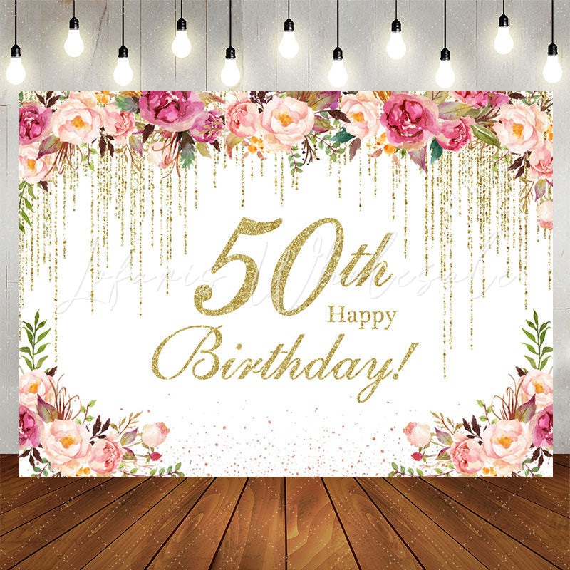 Lofaris Gold Glitter Flower 50th Birthday Backdrop For Women