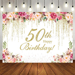 Lofaris Gold Glitter Flower 50th Birthday Backdrop For Women