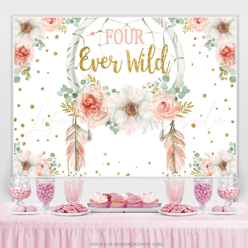 Lofaris Gold Glitter Four Ever Wild Pink Floral Birthday Backdrop
