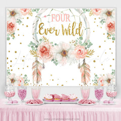 Lofaris Gold Glitter Four Ever Wild Pink Floral Birthday Backdrop