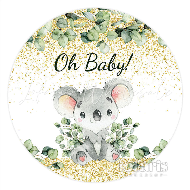 Lofaris Gold Glitter Green Leaves Round Baby Shower Backdrop