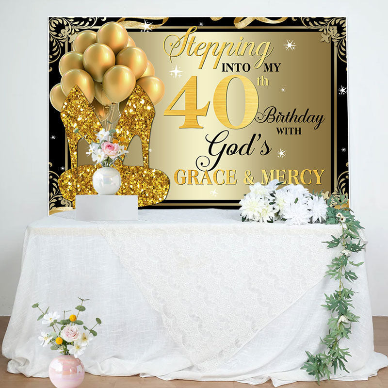 Lofaris Gold Glitter Heels Stepping into 40th Birthday Backdrop