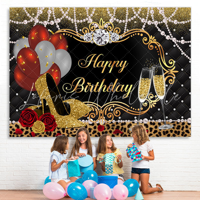 Lofaris Gold Glitter High Heels And Balloons Birthday Backdrop