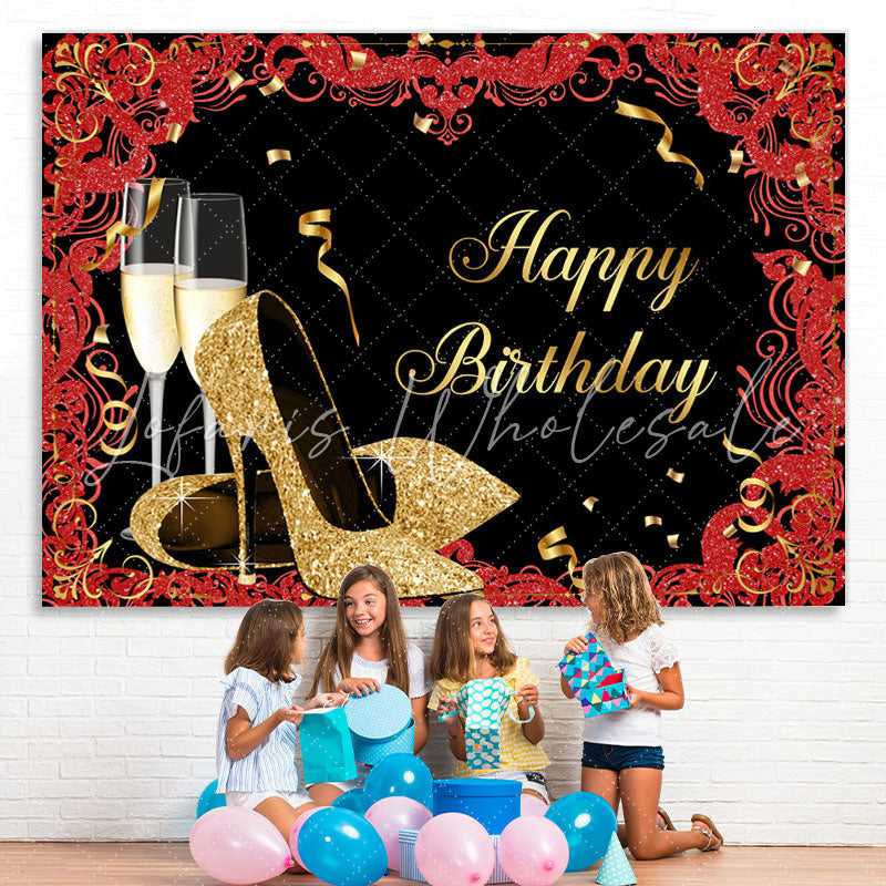 Lofaris Gold Glitter High Heels Black Happy Birthday Backdrop