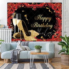 Lofaris Gold Glitter High Heels Black Happy Birthday Backdrop
