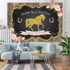 Lofaris Gold Glitter Horse Pink Floral Happy Birthday Backdrop