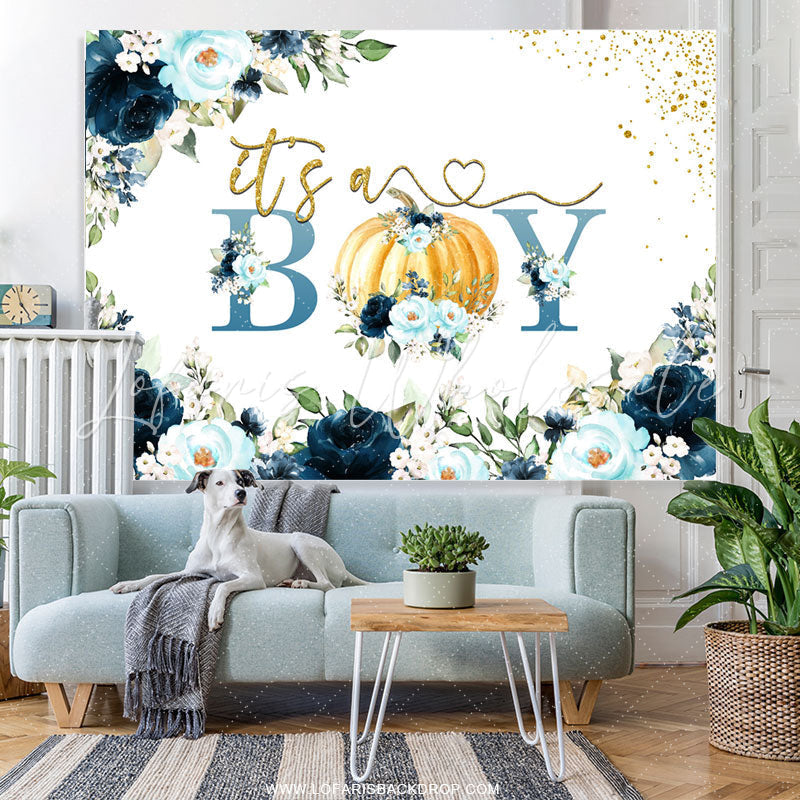 Lofaris Gold Glitter Its A Boy Blue Floral Baby Shower Backdrop