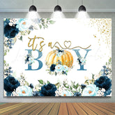 Lofaris Gold Glitter Its A Boy Blue Floral Baby Shower Backdrop