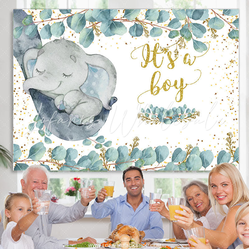 Lofaris Gold Glitter Its A Boy Little Elephant Baby Shower Backdrop