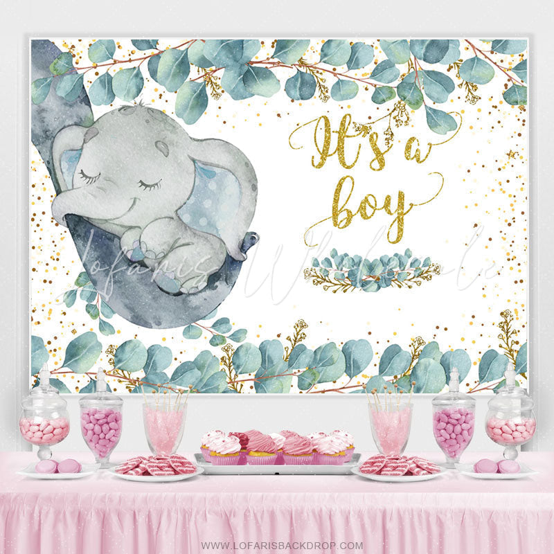 Lofaris Gold Glitter Its A Boy Little Elephant Baby Shower Backdrop