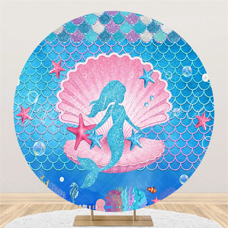 Lofaris Gold Glitter Mermaid Pink Shell Round Birthday Backdrop