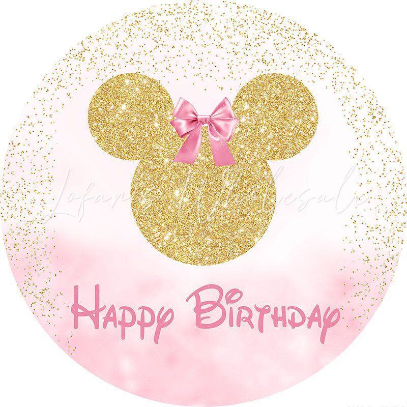 Lofaris Gold Glitter Mouse Round Pink Happy Birthday Backdrop