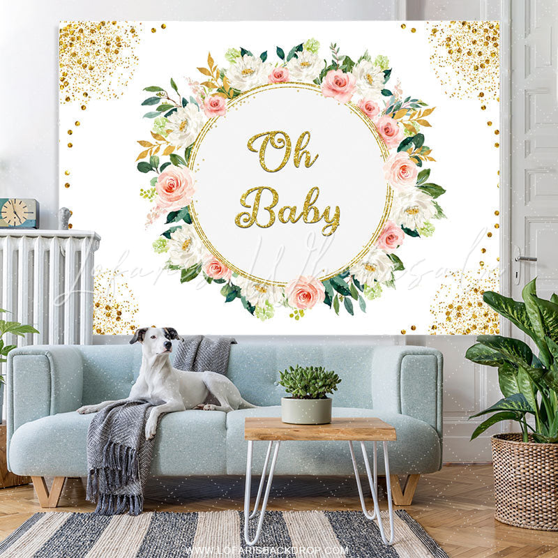 Lofaris Gold Glitter Oh Baby Floral Backdrop For Shower