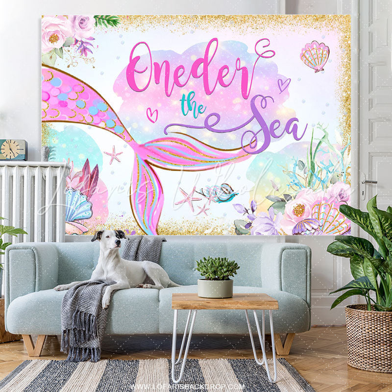 Lofaris Gold Glitter Oneder The Sae Mermaid Birthday Backdrop