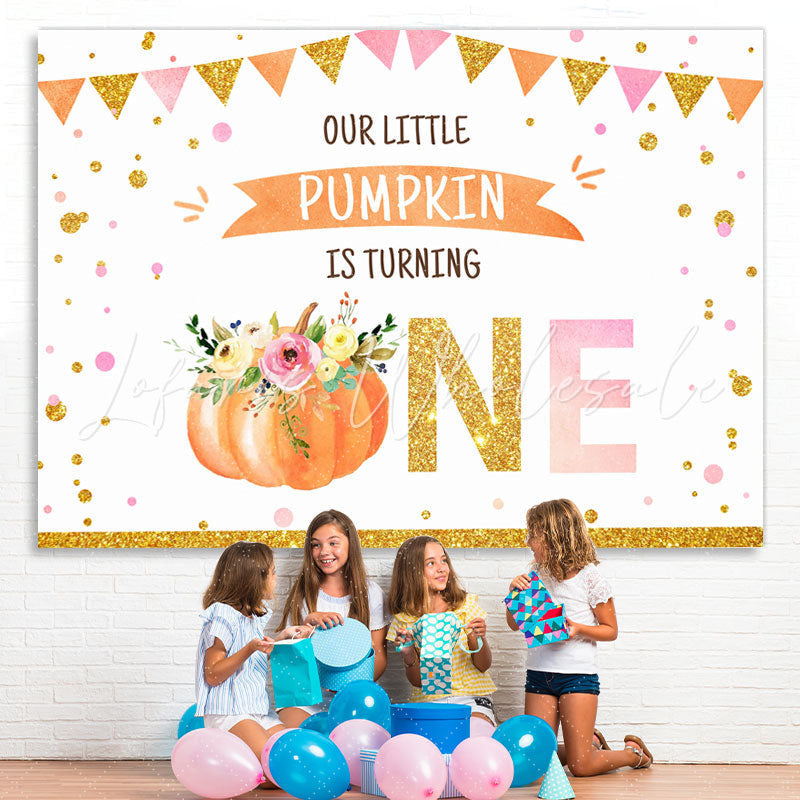 Lofaris Gold Glitter Our Little Pumpkin Is Turning One Birthday Backdrop for Kids