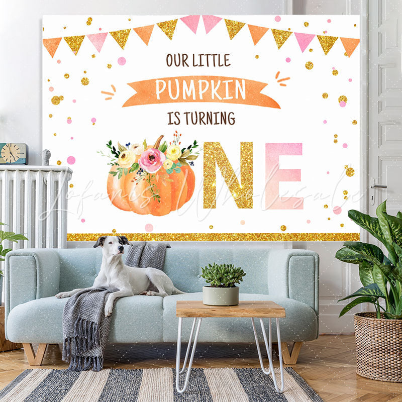 Lofaris Gold Glitter Our Little Pumpkin Is Turning One Birthday Backdrop for Kids