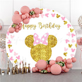 Lofaris Gold Glitter Pink Cartoon Mouse Round Birthday Backdrop