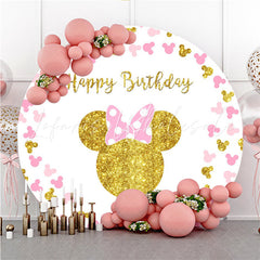 Lofaris Gold Glitter Pink Cartoon Mouse Round Birthday Backdrop