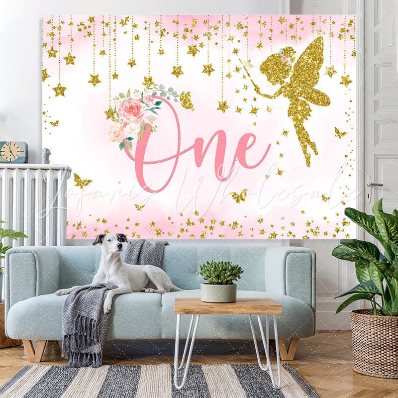 Lofaris Gold Glitter Pink Floral Happy 1St Birthday Backdrop
