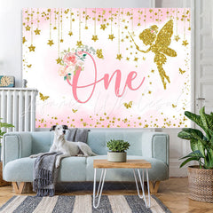 Lofaris Gold Glitter Pink Floral Happy 1St Birthday Backdrop