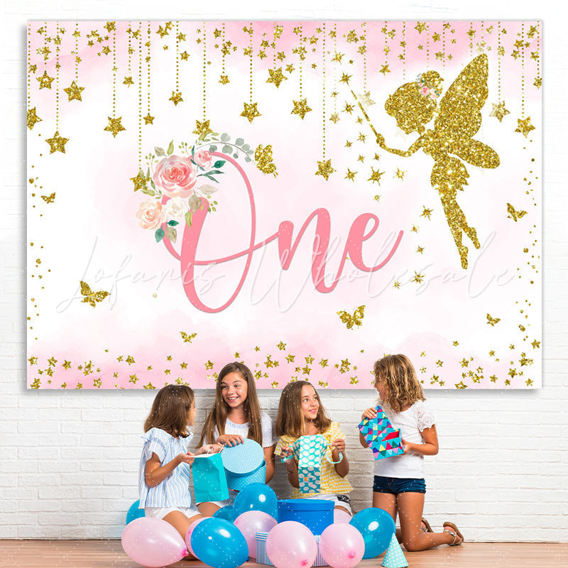 Lofaris Gold Glitter Pink Floral Happy 1St Birthday Backdrop