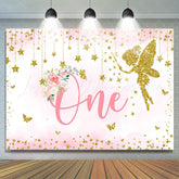 Lofaris Gold Glitter Pink Floral Happy 1St Birthday Backdrop