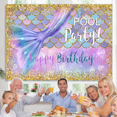 Lofaris Gold Glitter Purple Mermaid Pool Birthday Party Backdrop