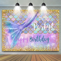 Lofaris Gold Glitter Purple Mermaid Pool Birthday Party Backdrop