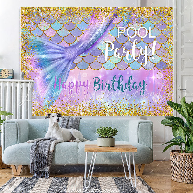 Lofaris Gold Glitter Purple Mermaid Pool Birthday Party Backdrop