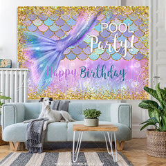 Lofaris Gold Glitter Purple Mermaid Pool Birthday Party Backdrop