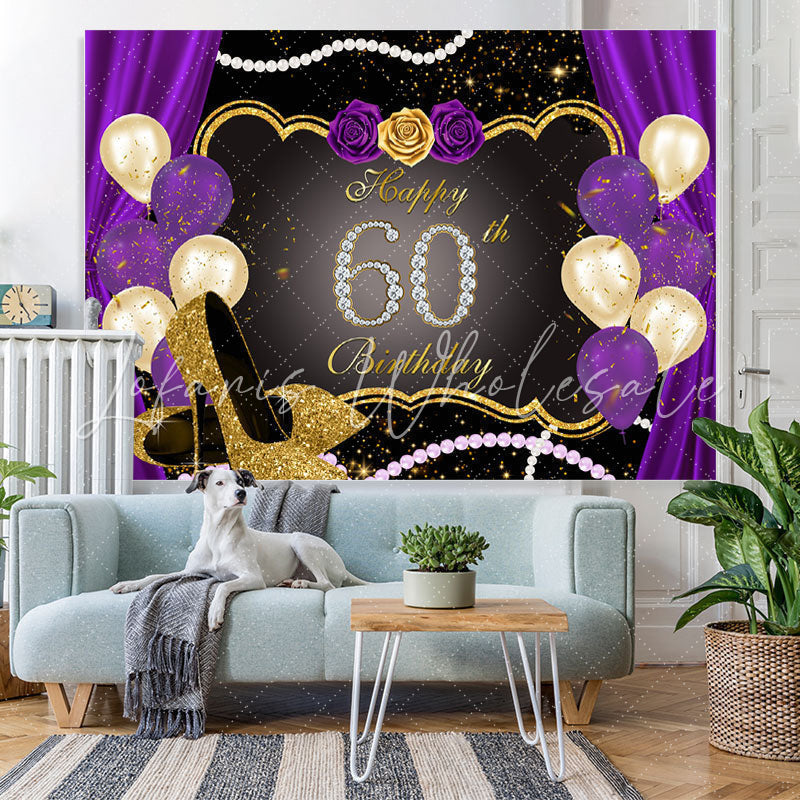Lofaris Gold Glitter Purple Rose 60th Happy Birthday Backdrop