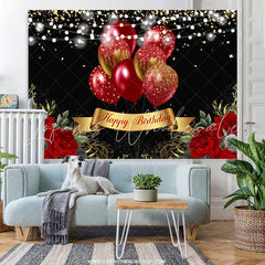 Lofaris Gold Glitter Red Balloons Black Happy Birthday Backdrop